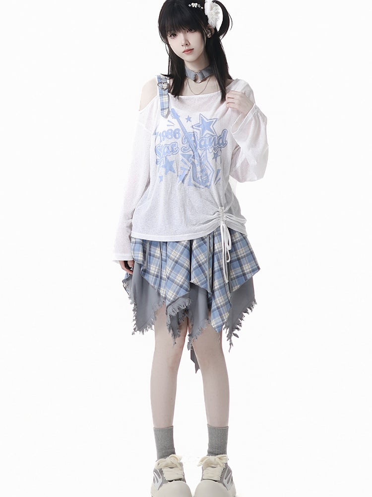 Plaid Skirt White /Black Frayed Handkerchief Hem Blue