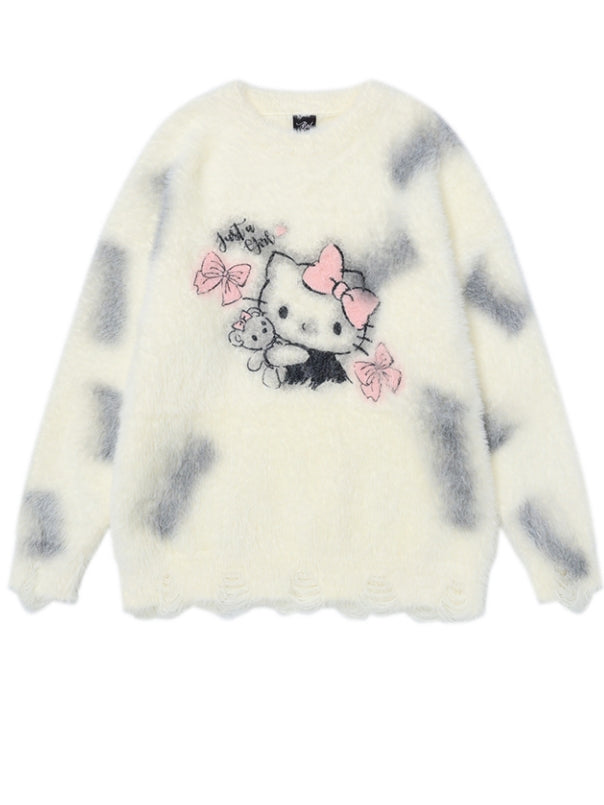 Milk White Kitty Graphic Distress Trim Loose Sweater