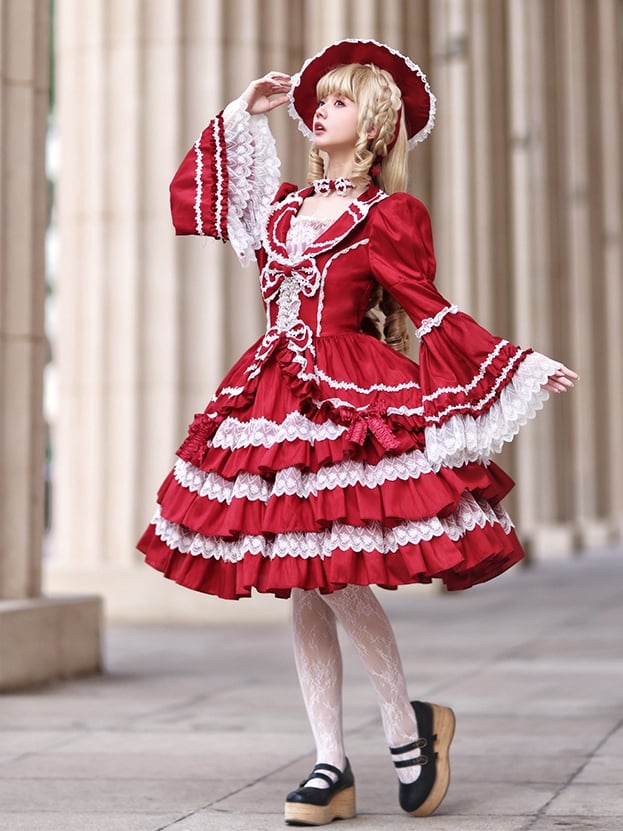 Wunderschönes Lolita-Kleid mit gestuftem Rüschenrock, Puffärmeln und Glockenärmeln in Rot