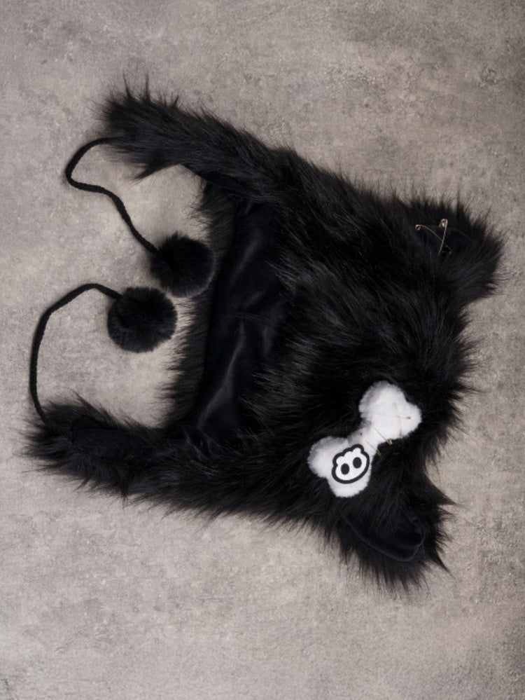 Pin mit Katzenknochen-Pompon-Applikation, Plüschohrhut, verziert mit Charms, schwarzes Skelett, Gothic