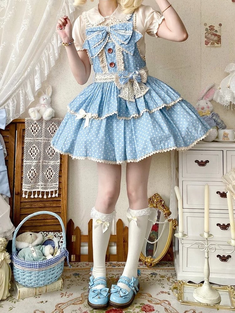Dress Old Pattern Lolita Polka-dot School Blue Overall