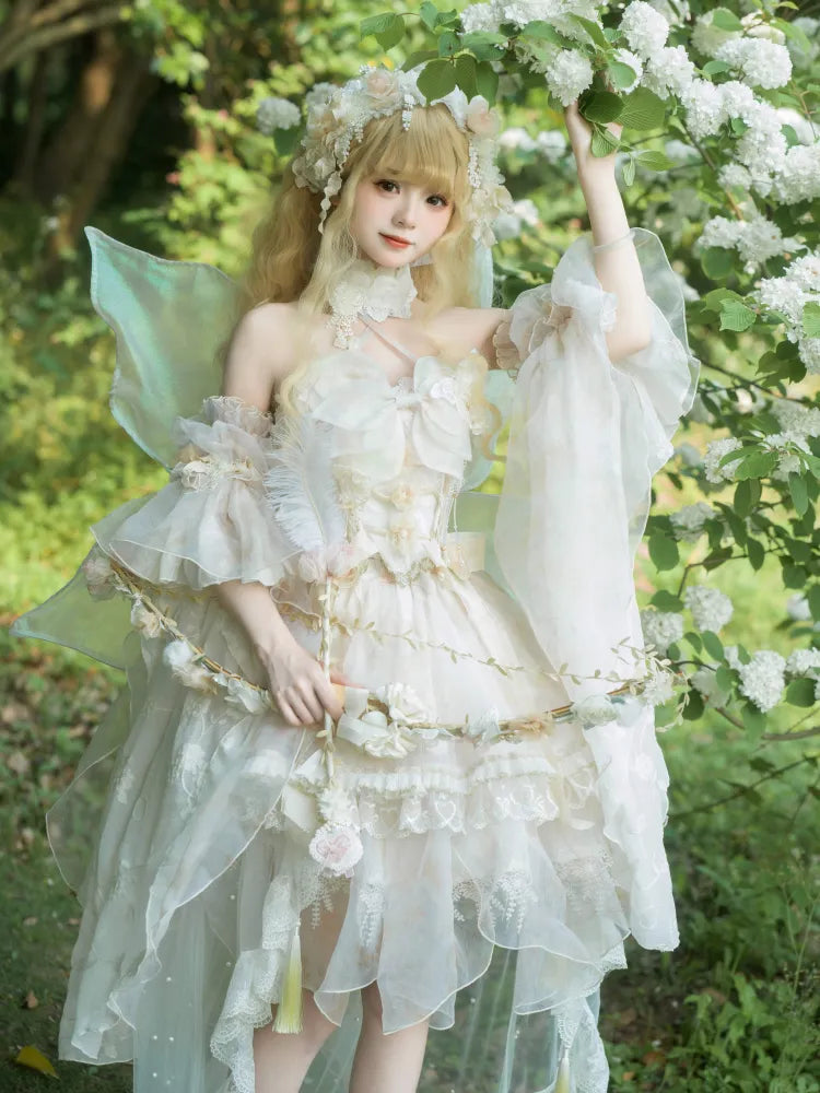 Lolita Fairycore Dress JSK Beige Full Design Princess and Set Butterfly Floral