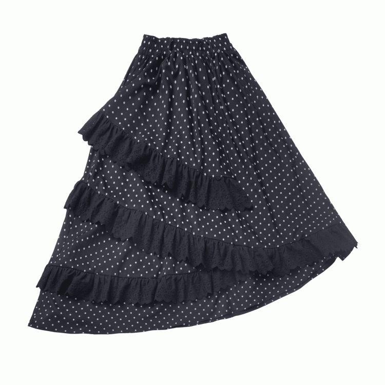 Black Elastic Waist Asymmetrical Lace Polka-Dot Skirt Trim