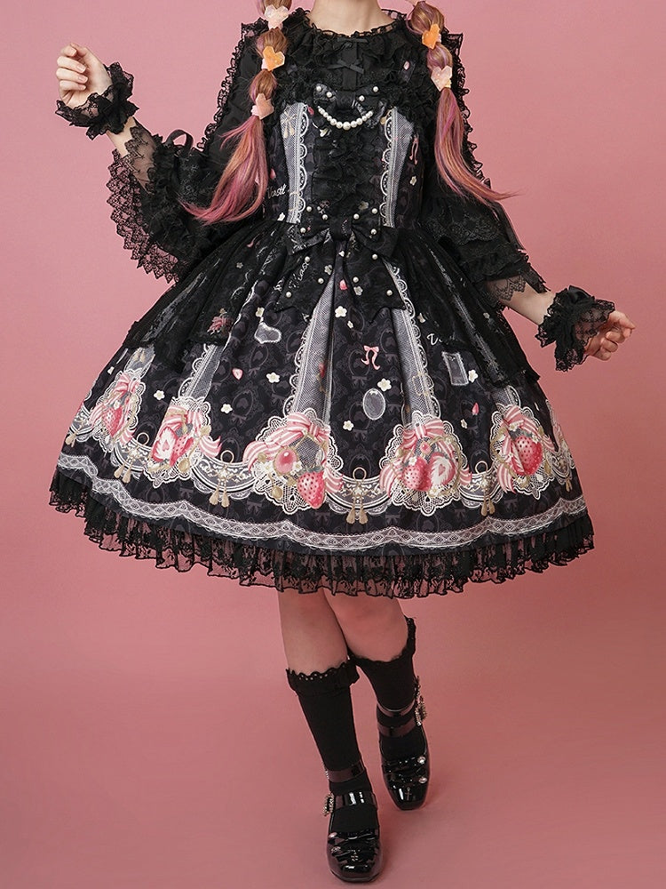 Lolita Sweet Black Strawberry Jumper Print Skirt
