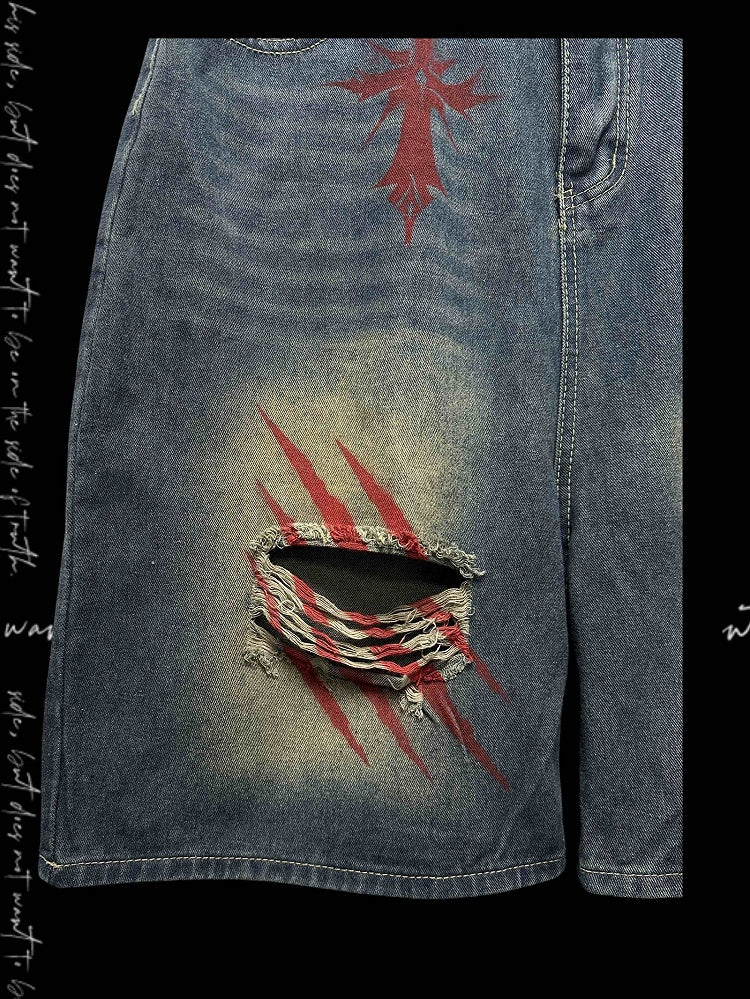 Print Blue Faded Holes Scratch Wash Distressed Wide-leg Denim Shorts