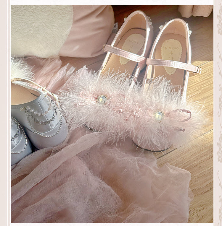 Light Pink Feather Rhinestone Bow at Top Mary Janes with Beaded Chain
