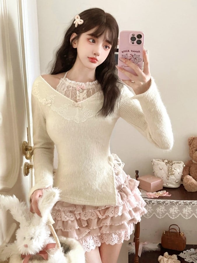 Sweater With Bow Accents and Playful Ribbon Detail White Lace-Trimmed V-Neck Knit