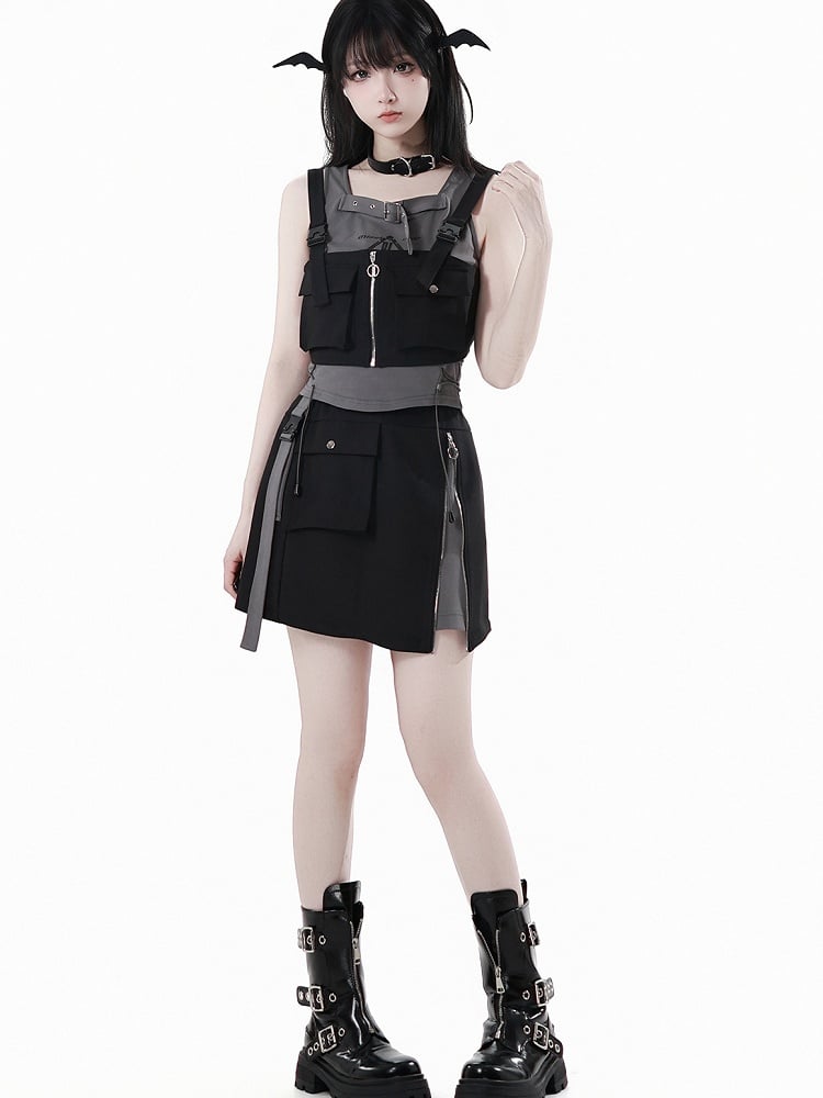 Black Snap and Zipper Detail Gray Techwear Skirt and