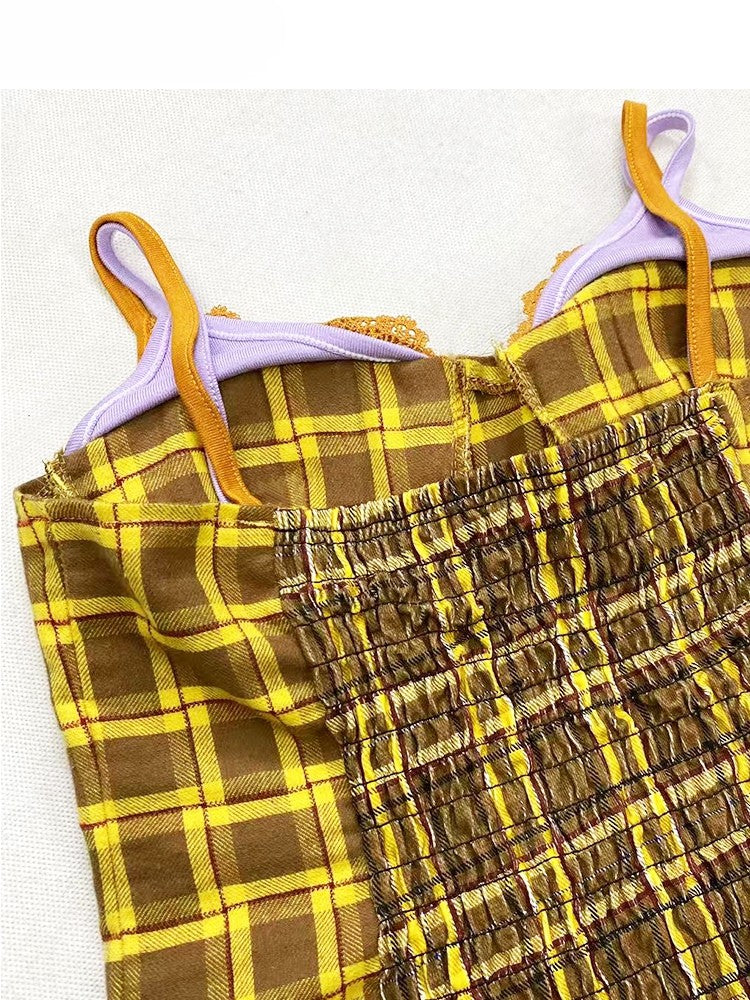 Scarf Cami Top Purple Plaid Y2K Yellow With
