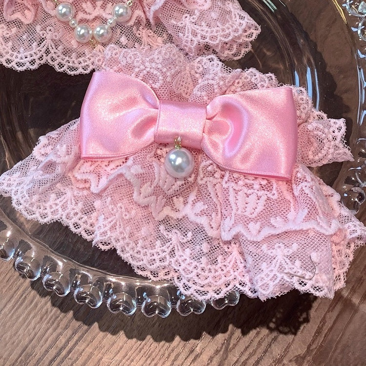 Wrist Pink Layered Cuffs Lace Deep Bead Accent with Bow