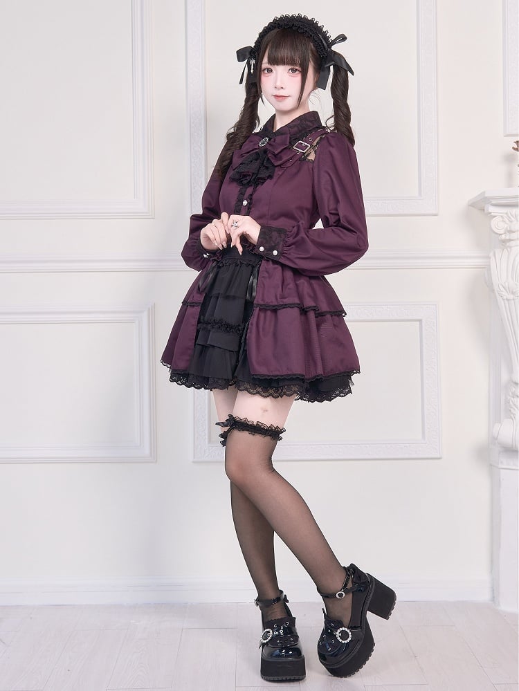 Blouse Bowknot Illusion over Jirai Neckline Straps Buckle Purple Brooch Kei and with