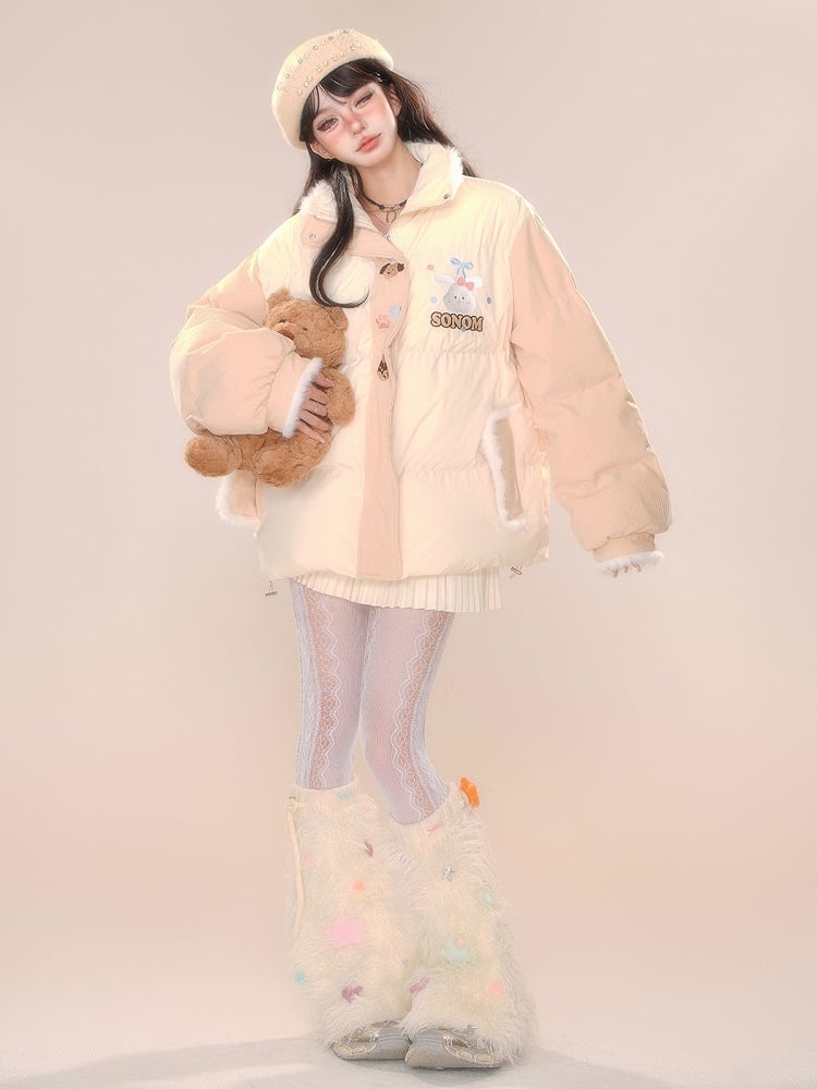 Creamy Yellow Cute Bunny Plush Trim Puffer Jacket