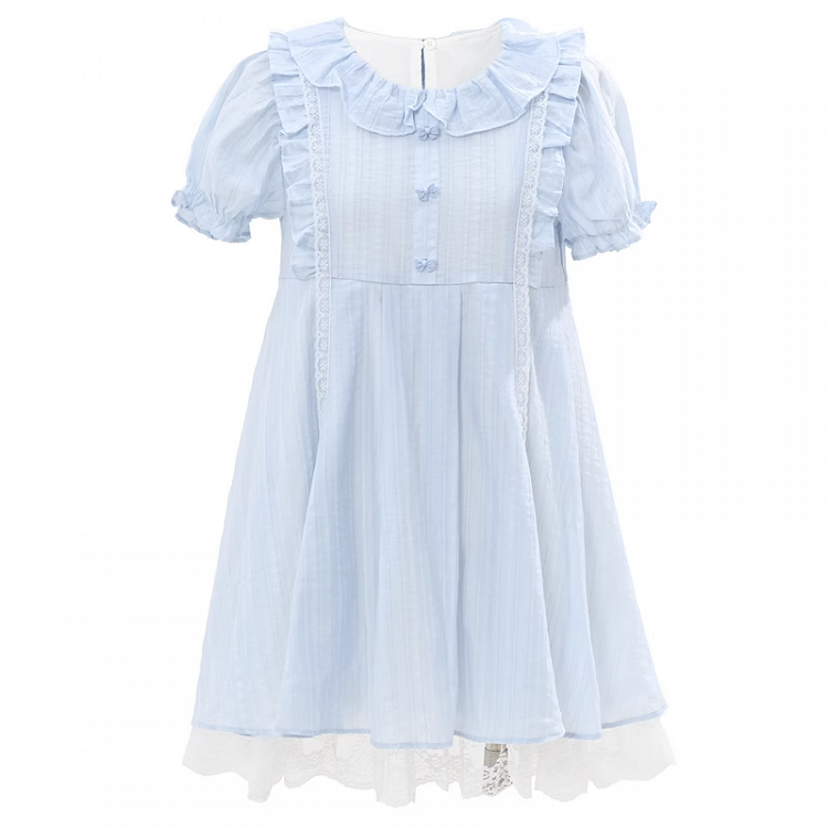 Dress Light Blue Ruffle Collar Puff Sleeves Sweet