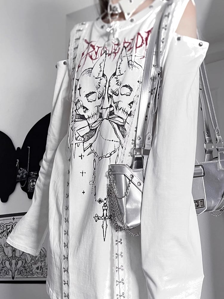 Punk And Shoulder Skeleton Letter Top Long Cutout White Emo Print Sleeves