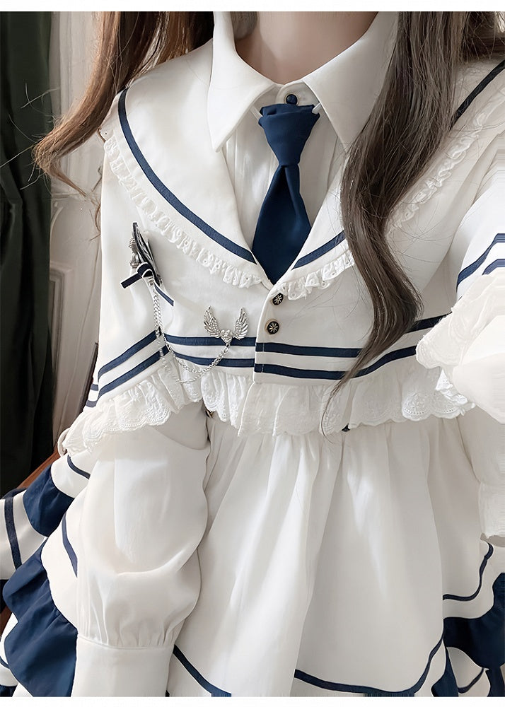 White and Blue Lace Trim Sailor Collar Cloak
