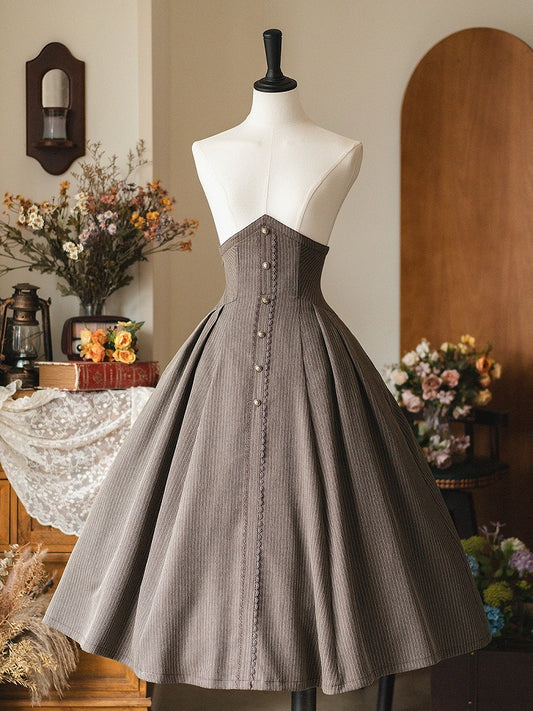 ブラウンの春のエレガントな骨太ハイウエストヴィンテージロリータスカート