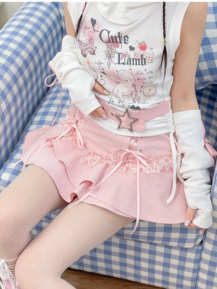 Tiered Skirt with Lace-up Details Pink Y2K Asymmetrical Kawaii Yume