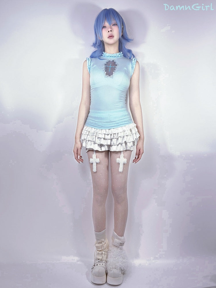 Goth Sleeveless Top Light Blue Mock Neck Coffin-Shaped Cutout Pastel