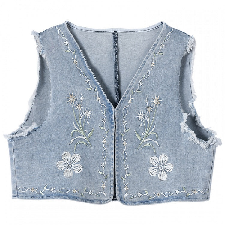 Blue Denim Vest Wash Distressed Embroidery Faded Floral