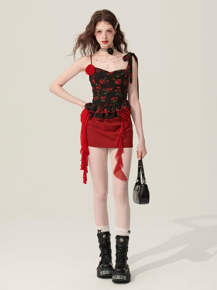 ブラックフローラルプリントフリルヘムキャミトップ