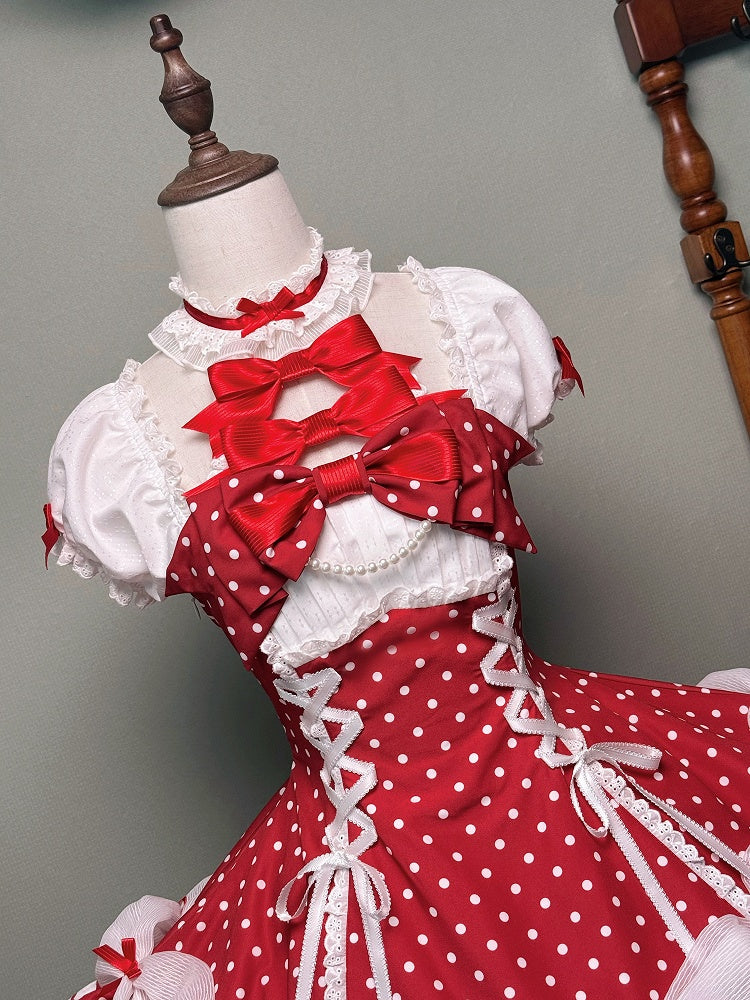 und Puffkleid mit gepunkteten Ärmeln, Schul-Polka-Lolita-Ausschnitt mit altroten Akzenten, Neckholder-Schleife