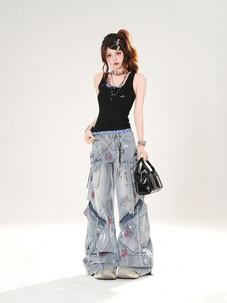Tank Top Black and Blue Plaid Faux Two-pieces Slim-fitting