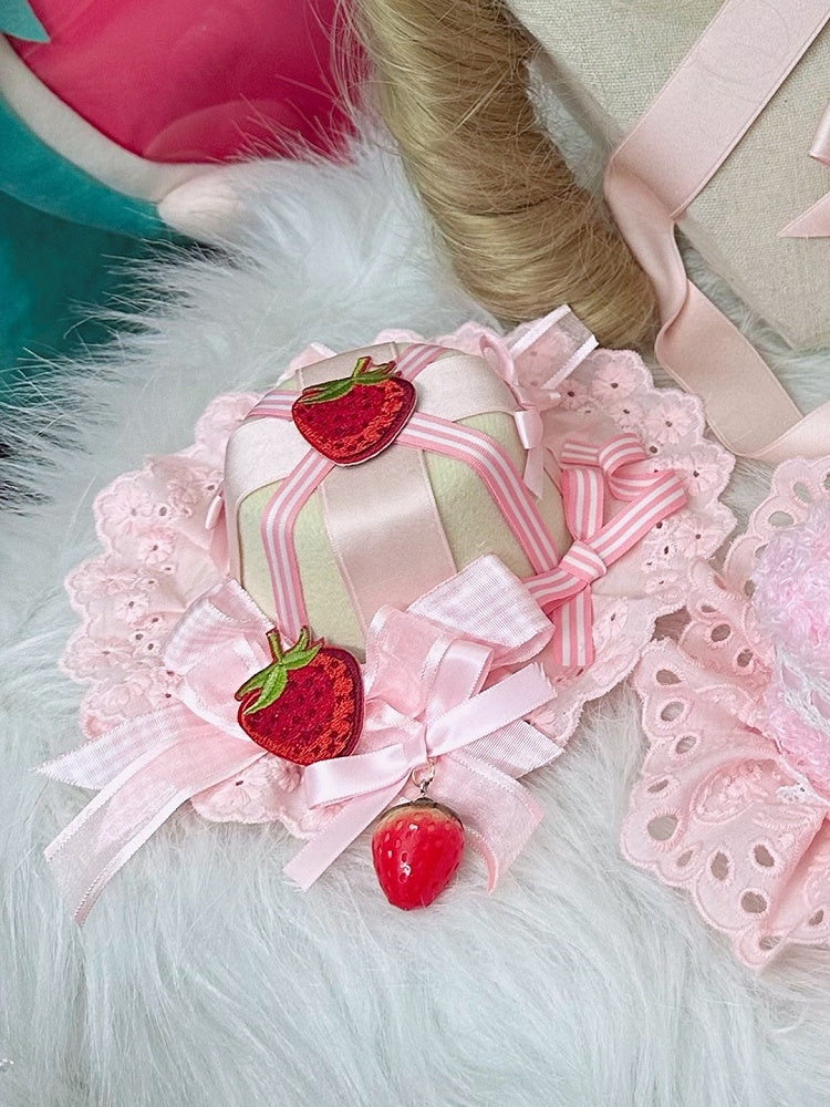 Pink Lolita Sweet Strawberry Ribbon Mini Decoration Hat and with