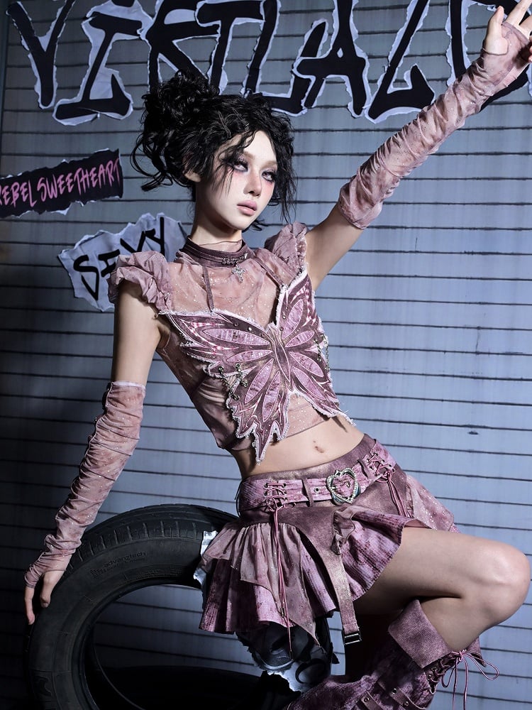Pink Top Sleeves Punk Silver Y2K Puff with Distressed Tulle Graphics