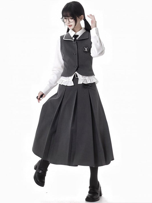 ダークグレーのリボン結びレーストリムボックスプリーツロングスカート(バックルベルト付き)