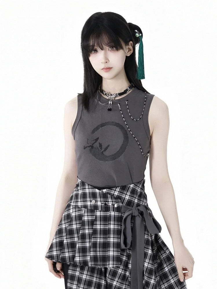 Dark Gray Crane Print Cropped Detachable Tank Top Chains with Beaded