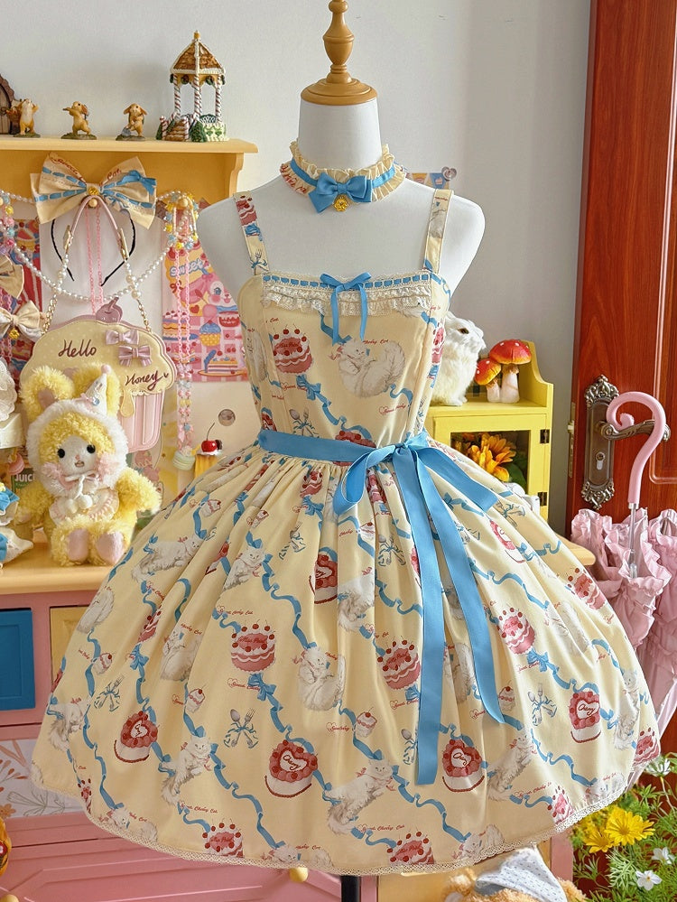 Cute Lolita Dress Sweet Showa Jumper Yellow Kitty Cream Print Skirt Fluffy