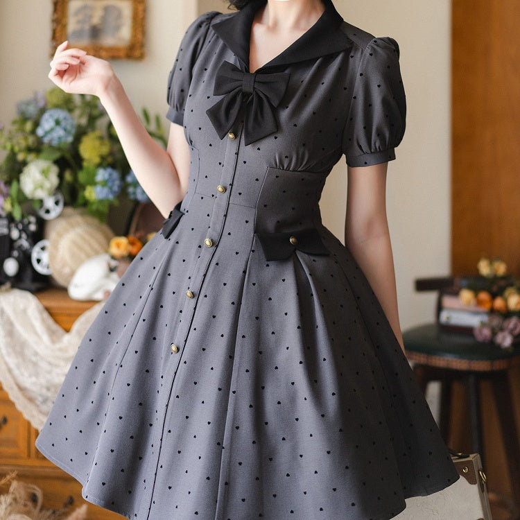 Black Gray Puff Dark Dress Sleeves Small Heart-shaped Pattern Fashion Retro