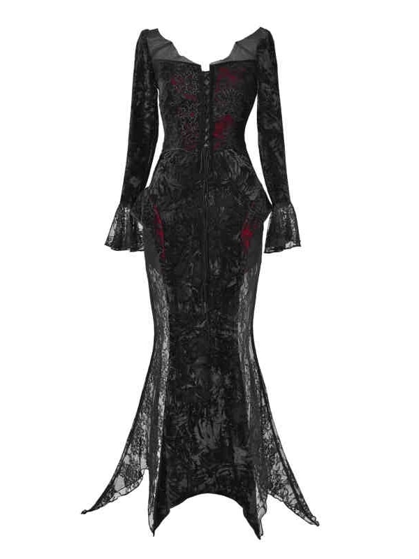 Wings Romantic Velvet and Shaped Lace Neckline Bat Vampire Dress Goth Mermaid
