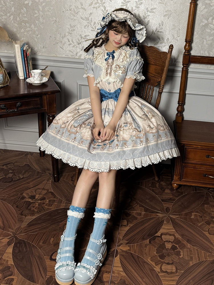 Blue Ruffle Round Neck Kitty and Teddy Print Lolita Dress Sweet Lolita OP