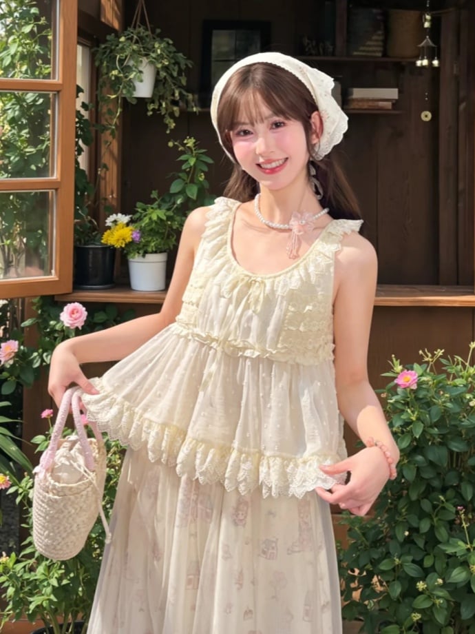 Self-tie Tank Top Bow Lace Trim Elegant with Beige Tiered