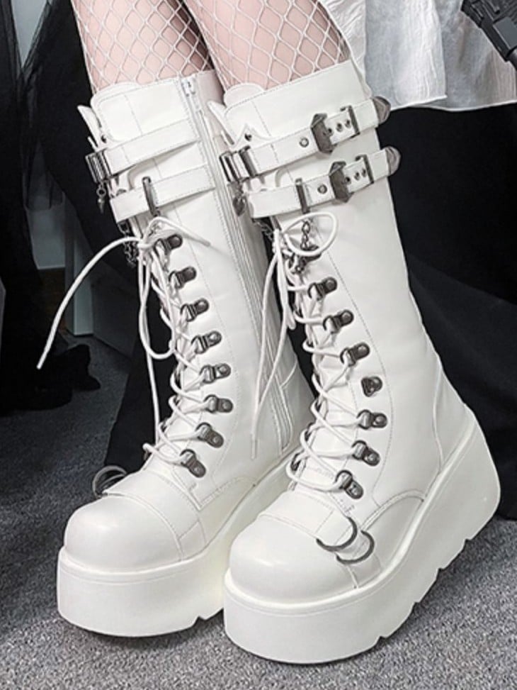 Stiefel Gothic Schnalle Plattform PU Akzente - Weiß Kniehoch