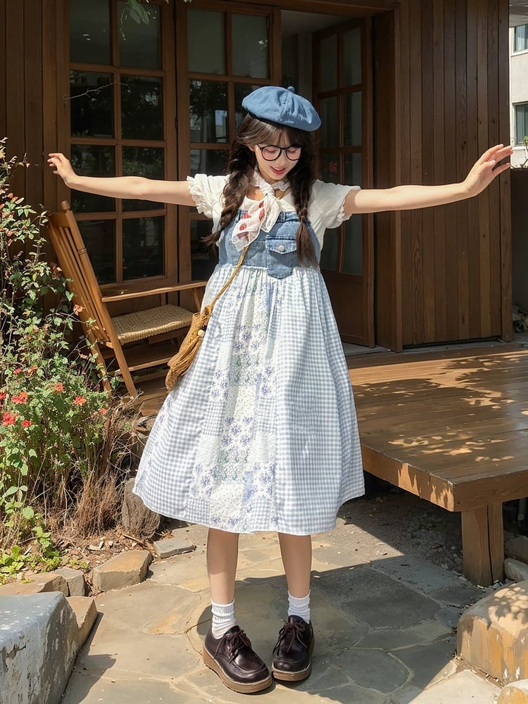 Mori Denim Overall Dress Blue Plaid and Floral Patchwork Design Kei