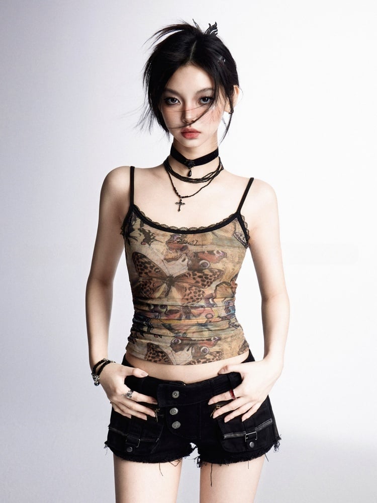 Mesh Cami Top Bittersweet Wasteland Punk Brown Butterfly Print