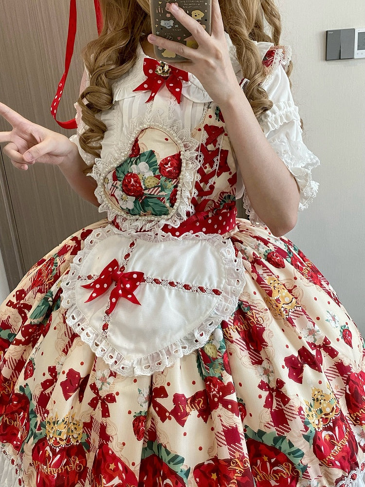 Dress Lolita Overall Heart Apricot Apron One-shoulder with Print Strap Strawberry Sweet