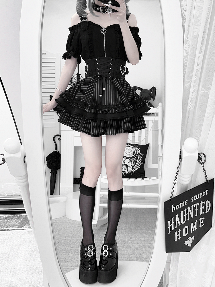 Short Style Choker Free Sleeves with Top Jirai Kei Off-the-Shoulder Neckline Landmine Black