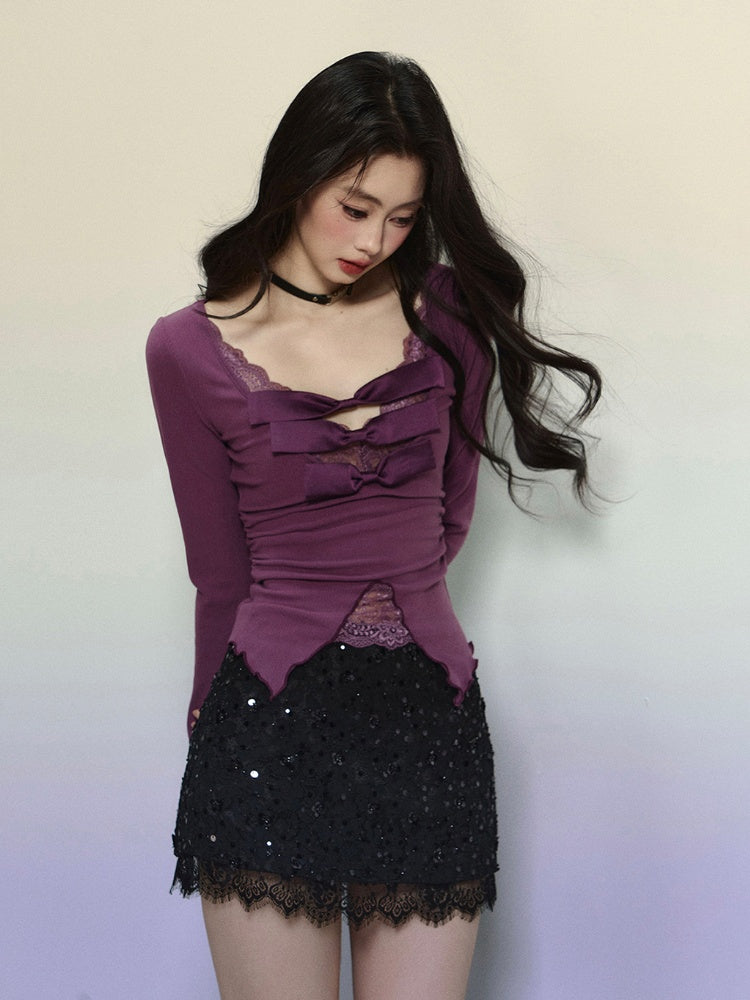 Purple V-neck Top Knitted Detail Contrast Lace Patches Glamorous Bowknots