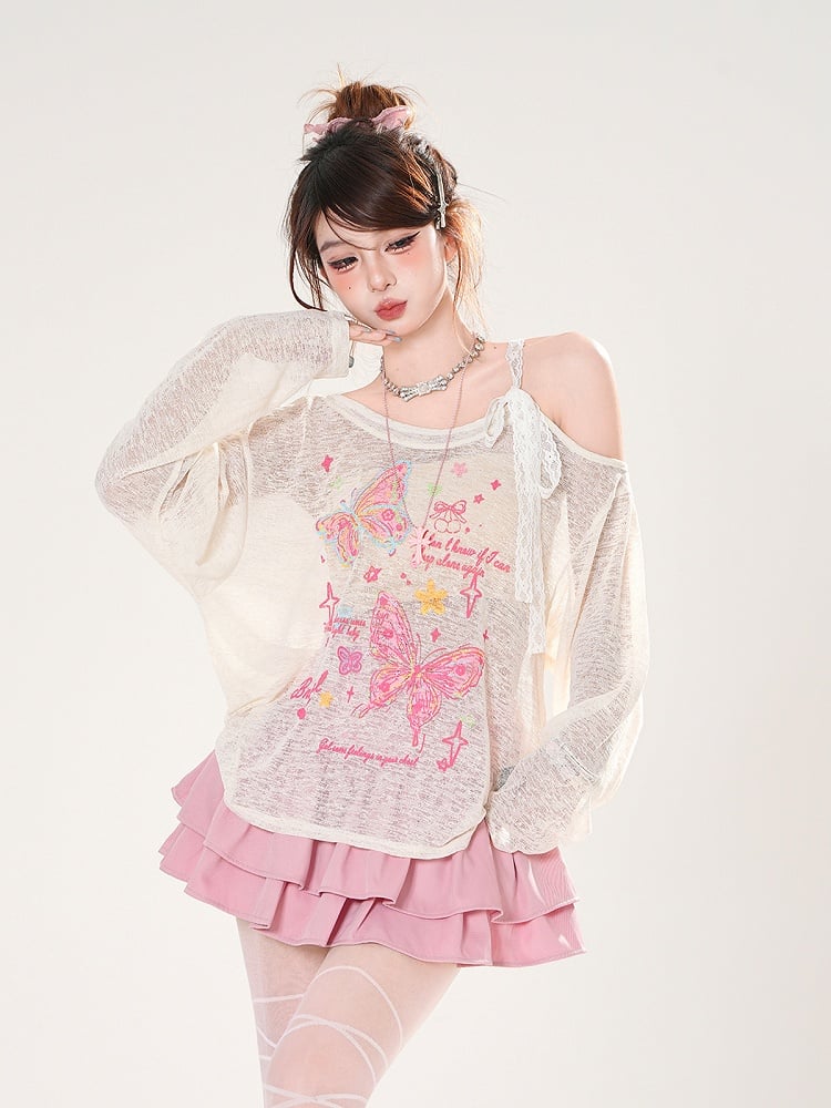 Asymmetrical Neckline Butterfly Print Apricot/Green