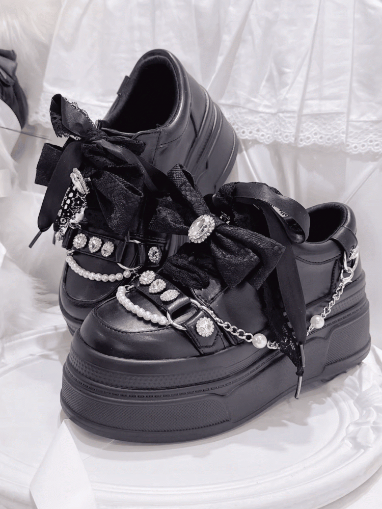 Top at Jirai Kei Black Bow Platform Sneakers with