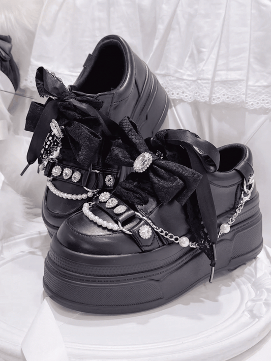 Top at Jirai Kei Black Bow Platform Sneakers with