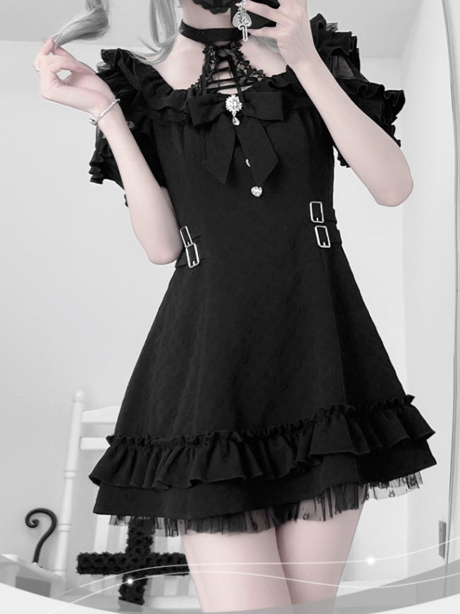 Detail Lace-up Jirai Kei Halter Neck Dress with Bow Black Tie