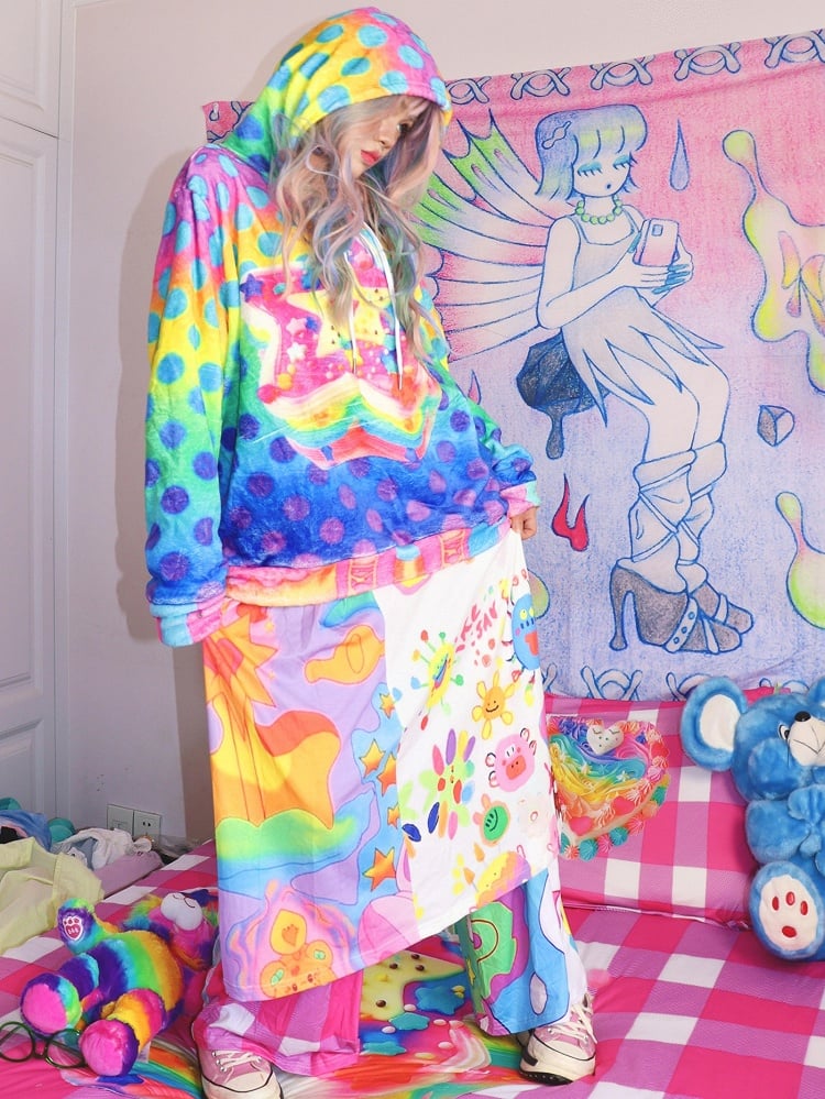 Polka-Dot Colorful Flannel Y2K Pattern Hoodie Print Star