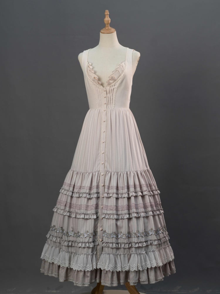 ユリの刺繍アップリケレイヤードヘムパープルクラシックロリータドレスフロントボタンプラケット