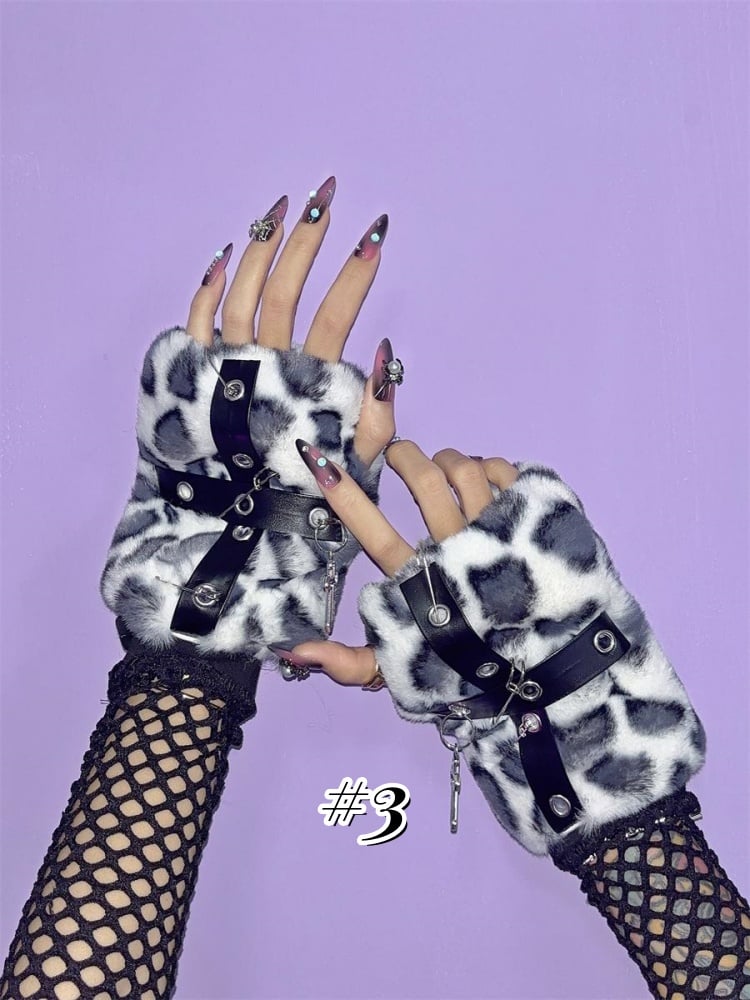 Gothic Cross Charms Leopard Halbfingerhandschuhe