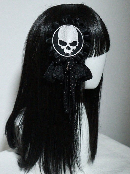 Punk Bowknot Applique with Skeleton Brooch Black