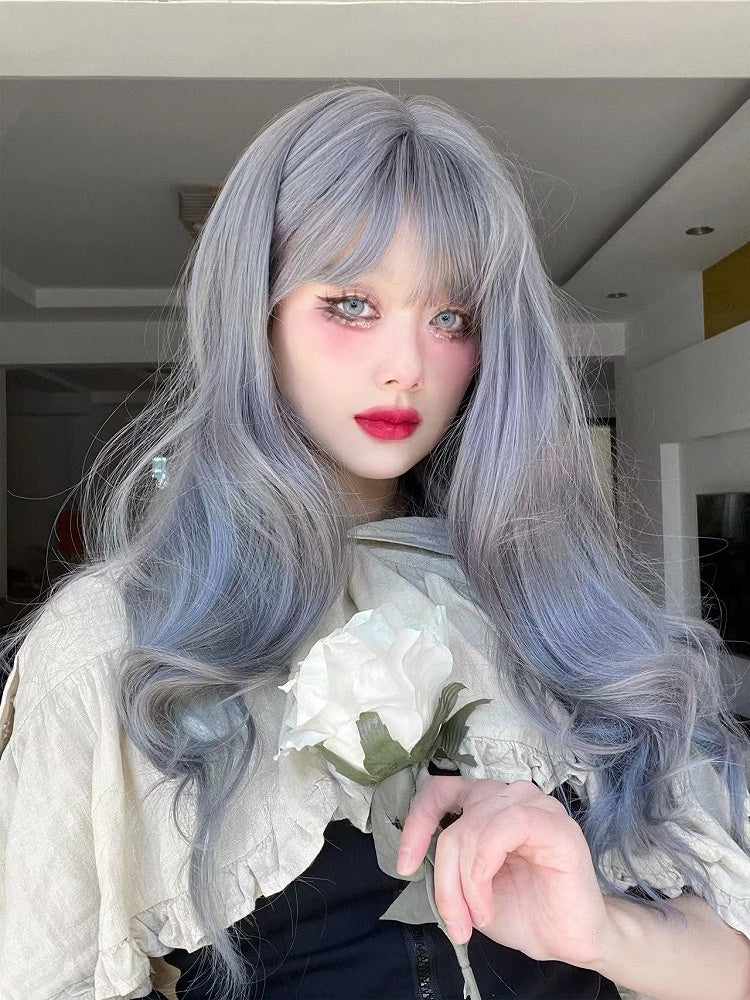 65CM With And Ombre Air Wavy Length Wig Gray Bangs Blue